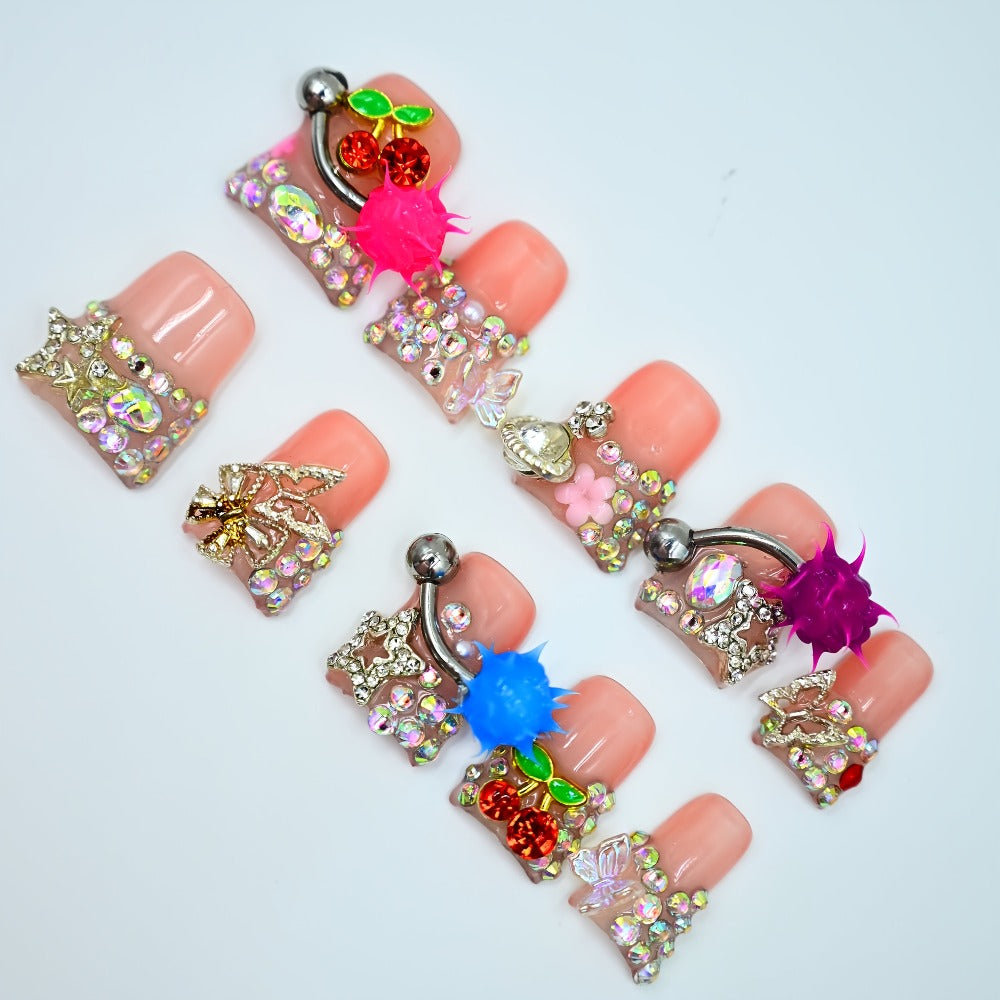 Y2K Piercing Charm Press on Nails Handmade Duck Nail with Nightmare Eye And Barbell 3D Nail Charms, Rhinestone Nails For, Trendy Party Nail Art