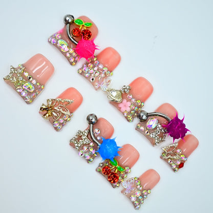 Y2K Press On Nails Handmade 3D Charm Duck Nail - Nightmare Eye Barbell Rhinestone Strobe Gradient Star Design Duckbill False Nails Trendy Party Nail Art for Women Girls S M L