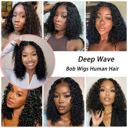 4x4 Lace Front Wig Short Curly Bob Human Hair Brazilian Deep Wave Glueless Pre-Plucked Pre-Cut Bouncy Curls Natural Hairline Beginner Friendly 12 Inch
