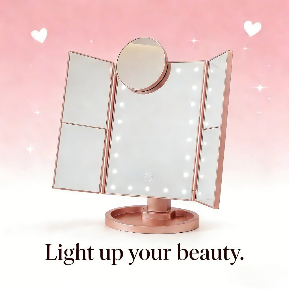 Makeup Mirror, Tri-Fold Lighted Adjustable Vanity Makeup Mirror with 21 LED Lights, Touch Screen And 3X/2X/1X Magnification (Free 10X Mini Mirror Included), Two Power Supply Modes, 360° Rotation, Ideal Gift Option (Rose Golden/White/Black)