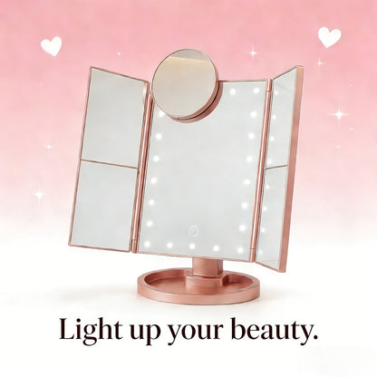 Vanity Mirror with Lights Tri-Fold 21 LED Lighted Makeup Mirror - Touch Control 1X 2X 3X 10X Magnification 360° Rotation Dual Power Trifold Tabletop Mirror