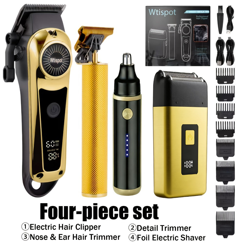 Take Care Of Everything! 2pcs/3pcs/4pcs Men'S Electric Hair Clipper, Nose Hair Clipper, Shaver Set - Wireless USB Charging Professional Hair Clipper Set With Lithium Battery - His Ideal Gift, Christmas, Valentine'S Gift| Fashionable Golden Design!
