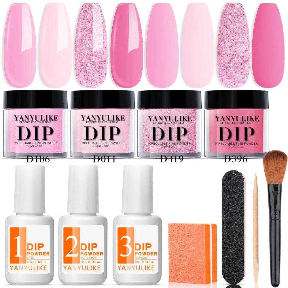 A Starter Kit for Dip Powder Nails, Including Four Shades of Light Hot Pink Glitter Powder, Essential Liquids Like Base And Top Coat, And an Activator for French Nail Designs, Ideal for Home Manicures Or As a Gift for Mother'S Day