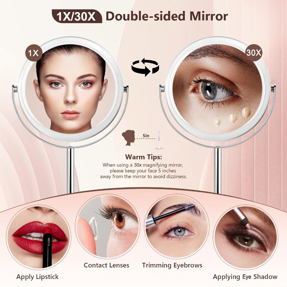 Elegant 30X Makeup Mirror with Detachable Design, Dual-Sided 1X/30X, Vanity Mirror with 360° Rotation, Chrome-Finished Stainless Steel Frame, Professional Makeup Accessories, Portable for Travel & Home Use, Ideal Gift for Wedding, Birthday, Mom Gifts
