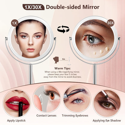 Magnifying Makeup Mirror 30X - Dual Sided 1X/30X Vanity Mirror with 360° Rotation, Detachable Design, Chrome Stainless Steel Frame, Tabletop Portable Mirror for Travel & Home, Gift