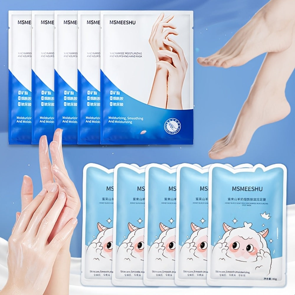10 Pairs Goat Milk & Niacinamide Moisturizing Foot Masks - Enriched with Ceramides, Hyaluronic Acid, And Allantoin. Exfoliates, Helps Prevent Cracked Skin, Brightens, And Leaves Feet Soft And Smooth. Ideal for Foot Care.