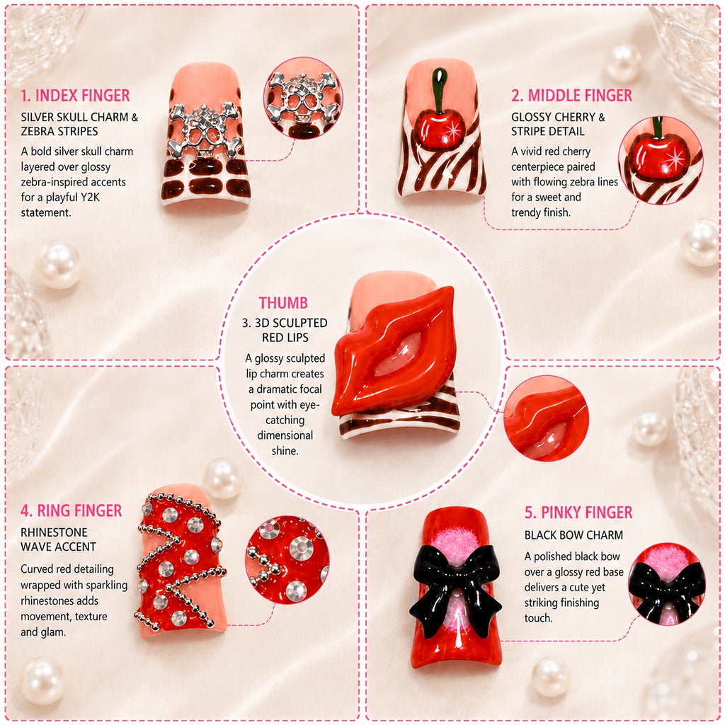 10pcs Handmade Duckbill Acrylic Press On Nails With Shiny Crystals, Bows, And Cherry Accents, Features Red And Pink French Tip Style, Suitable For Women And, Party And Daily Wear, Including Tools, An Ideal Gift. Spring Nails