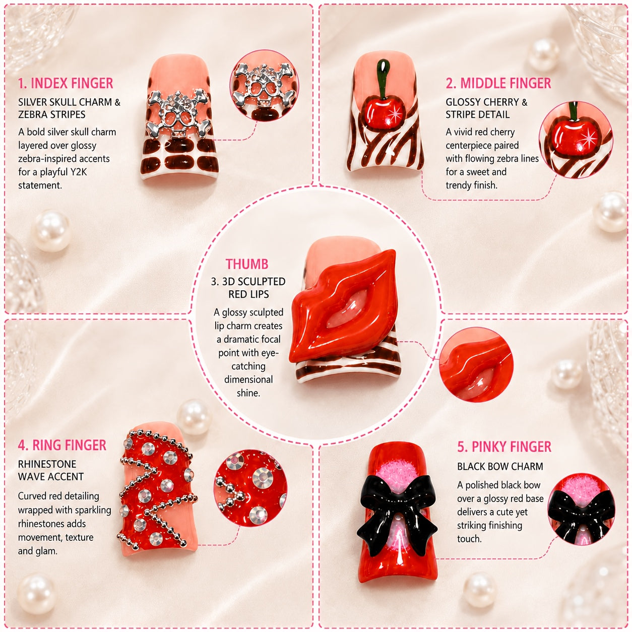 10pcs Handmade Duckbill Acrylic Press On Nails With Shiny Crystals, Bows, And Cherry Accents, Features Red And Pink French Tip Style, Suitable For Women And, Party And Daily Wear, Including Tools, An Ideal Gift. Spring Nails