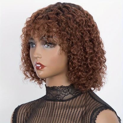 Human Hair Bob Wig Curly Water Wave Glueless Short Wig with Bangs 150% Density Ombre Brown Auburn 12 Inch Beginner Friendly Natural Hairline Daily Wear