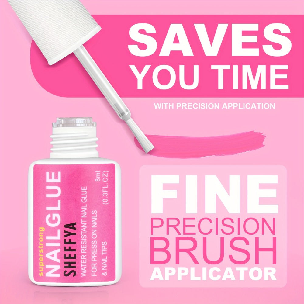 SHEFFYASuper Strong Nail Glue for Press On Nails, Nail Tips & Acrylic Nails (0.27oz) Brush On Glue for Press Ons, Tips & Acrylics - Long Lasting, Maximum Strength, Mess-Free Application
