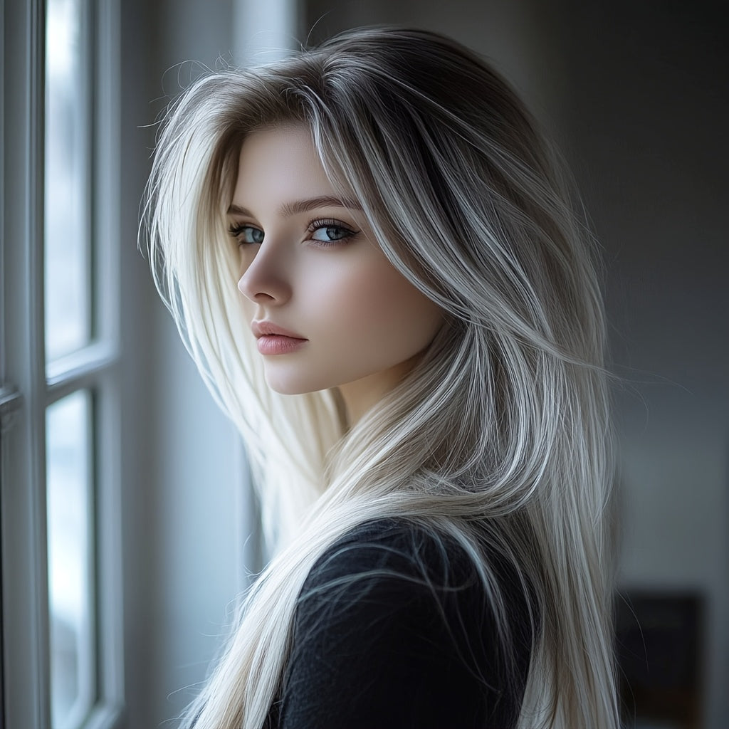 26 - Inch Elegant Women'S White Ombre Straight Wig With A - Line Bangs. Made Of Heat - Resistant Synthetic Fiber, Glue - Free, Breathable & Ultra - Light For All - Day Comfort And A Natural Look. Perfect For Daily Wear, Festivals And Parties