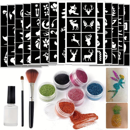 Glitter Tattoo Kit for Kids & Adults - 14 Stencil Sheets, 6 Metallic Colors, Body Glue & 2 Brushes - Temporary Body Art Set for Parties & Festivals