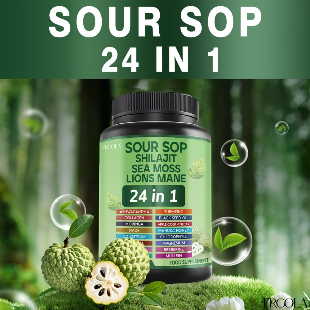 [Natural Wellness Supplement] 24-In-1 Soursop Capsules | Natural Supplement With VitaminD3, Sea Moss, Shilajit, Lions Mane, Black Seed Oil, Chlorophyll & Turmeric | Gluten-Free, Formula For Immune & Liver Health, Daily Wellness Supplement
