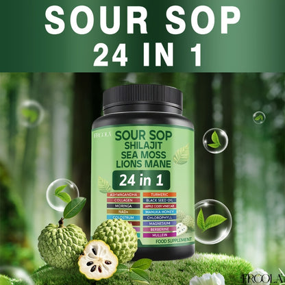 Soursop Capsules 24-in-1 Natural Supplement with Sea Moss Shilajit Lion's Mane Vitamin D3 Black Seed Oil Turmeric & Chlorophyll – Immune & Liver Health | Gluten-Free Daily Wellness Formula