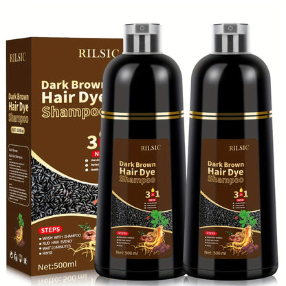 Herbal Hair Dye Shampoo 3-in-1 with Plant Squalene — 2pcs 16.91oz Instant Gray Hair Coverage, Natural Color in Minutes, Unisex, Brown, Dark Brown & Black