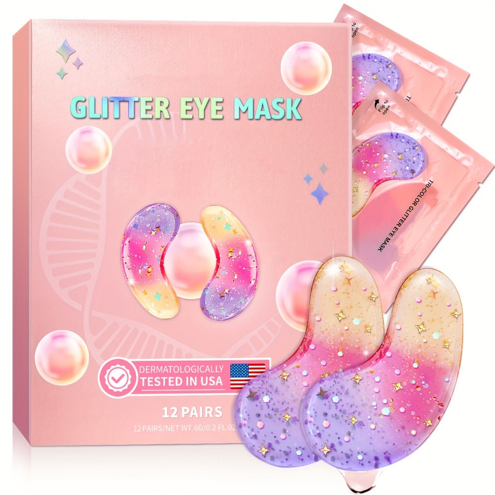 Under Eye Patches Collagen Eye Mask for Dark Circles and Puffiness - 12 Pairs Glitter Gold Anti-Wrinkle Moisturizing Gel Eye Pads for Women Skincare