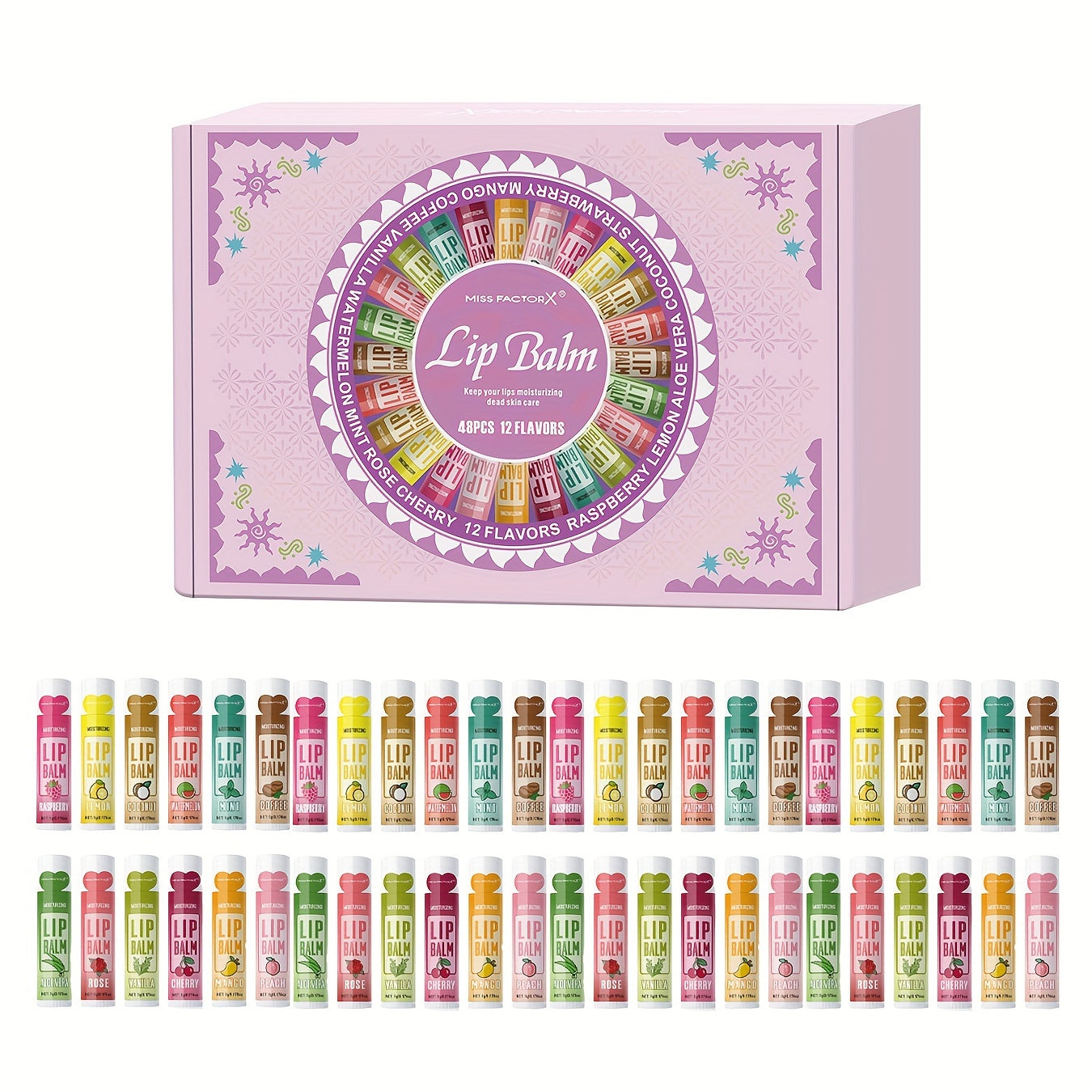 Lip Balm Gift Set 48pcs MISS FACTORX - Moisturizing Lip Butter with Glycerin, Hypoallergenic Natural Finish for All Skin Types, Unisex Adult Lip Care Collection, Valentine's Mother's Day Gift