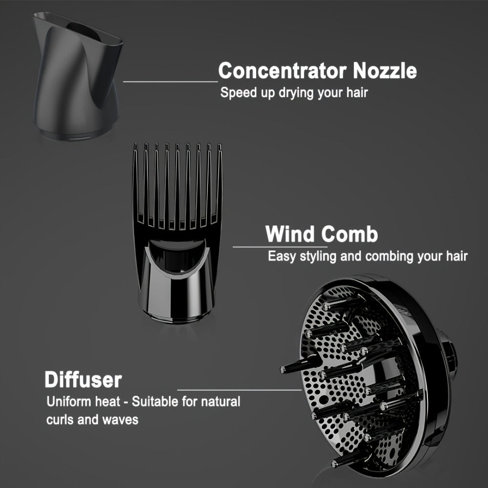 JINRI Professional Salon Ionic Hair Dryer with Diffuser & Concentrator Attachments, Ideal for Curly Hair - Black, 1875W, Non-Folding Handle, 1. 196.85inch-118.11inch Adjustable Cord, US Plug