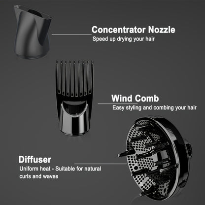 Professional Ionic Hair Dryer 1875W with Diffuser & Concentrator Attachments — Salon-Quality Blow Dryer for Curly Hair, Adjustable Cord, US Plug, Black