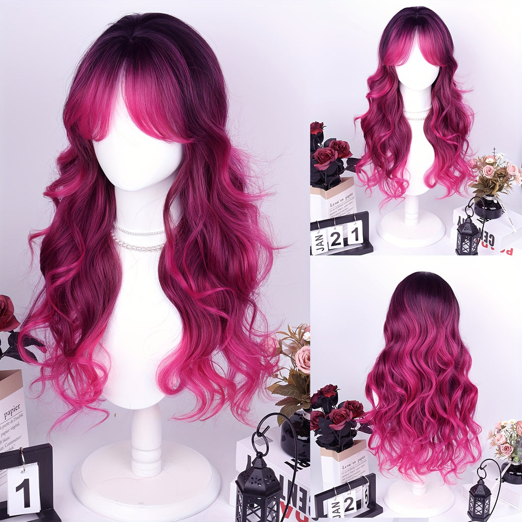 28" Heat Resistant Synthetic Hair Long Wavy Wig With Air Bangs - 150% Density Rose Net Cap For Women, Elegant Curly Wave Style For Parties, Christmas & Casual Attire, Halloween, Everyday Wig | Chic Appearance | Synthetic Hair Wig, Wig Accessories
