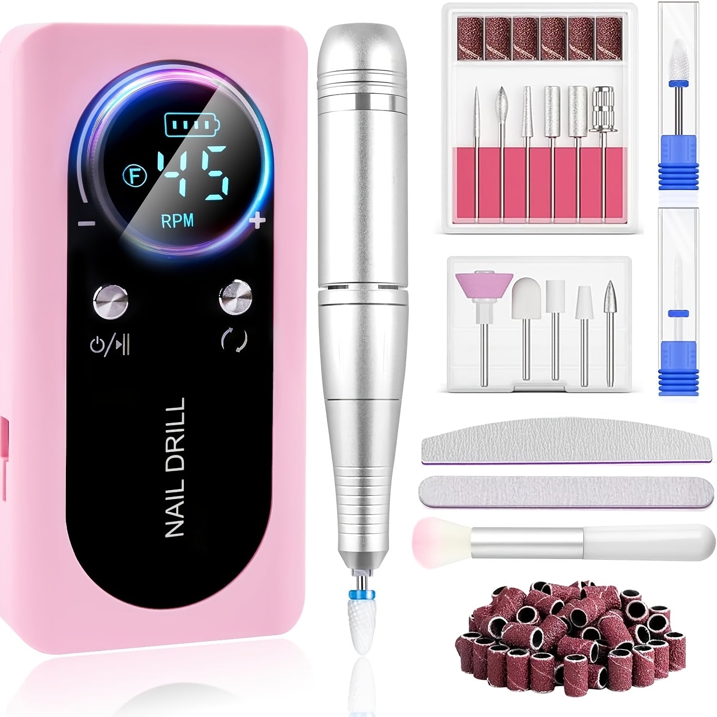45000 RPM Adjustable Speed Nail Drill Professional Cordless Electric Nail File Low-noise Nail Manicure Machine for Women Buffing And Polishing Nail Tool Set with LCD Display for Nail Salon for Nail Care(Pink Purple White)