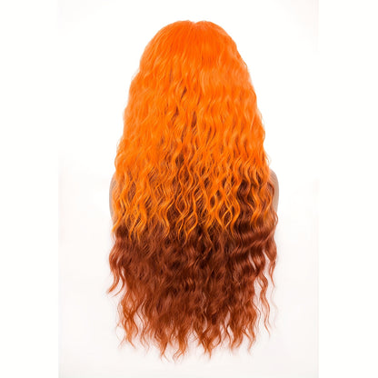 Ombre Curly Wig Long Wavy Synthetic Wig Women 30 Inch Middle Part Dark Roots Ash Blonde Brown Gradient Orange Natural Look Party Halloween Daily Wear