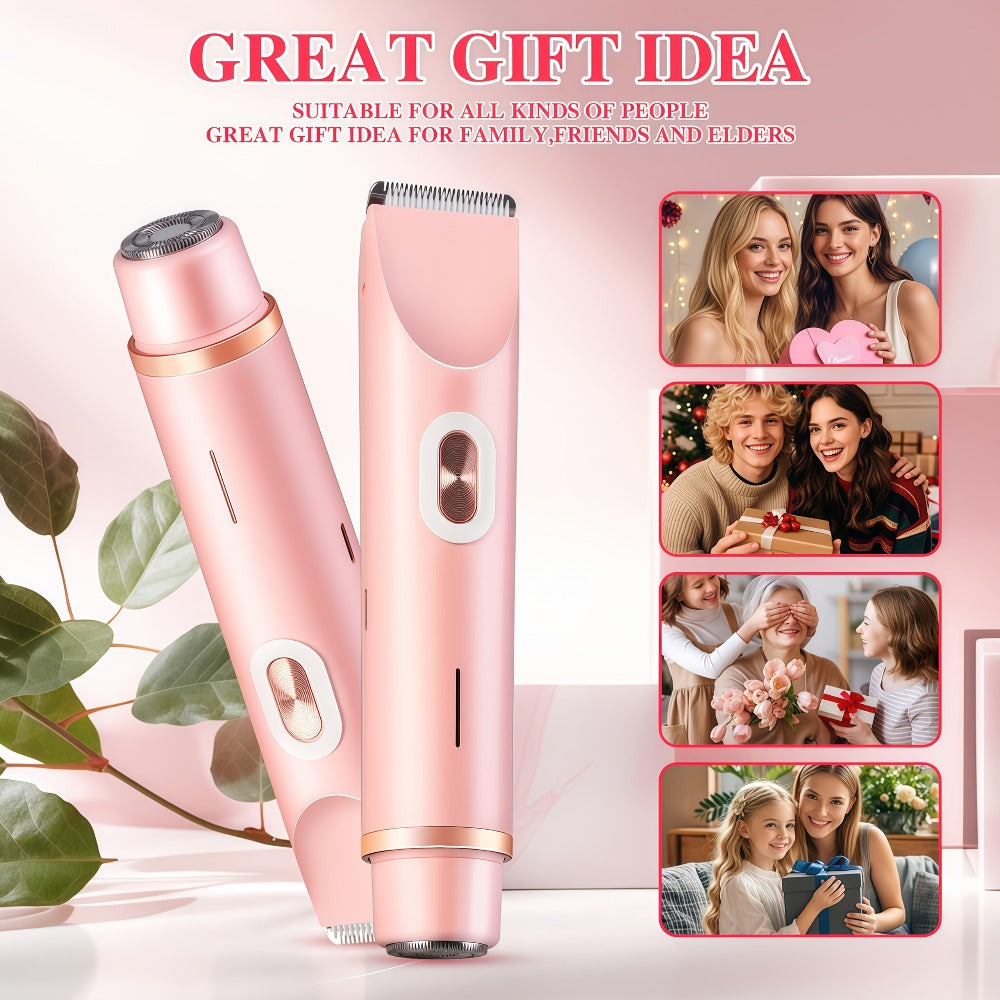 2in 1 Pink Dual Head Bikini Trimmer Women Electric Shaver, IPX7 Waterproof Wet & Dry Use Body Hair Trimmer and Facial Hair Remover for Bikini Underarm Leg Arm Body Face
