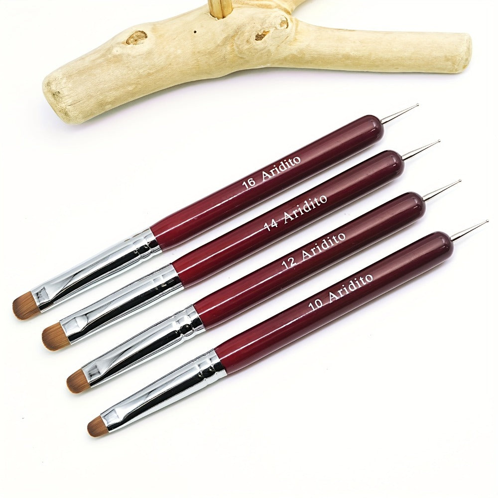 4pcs Aridito Professional Acrylic French Manicure Clean-Up Brushes & Dotting Pens - Red Wood Handles, Precision Tips (#10, #12, #14, #16) for Nail Art, Cuticle Care - Essential Manicure Tools for Home & Salon Use, Modern Metallic Finish | Metallic Ferrule