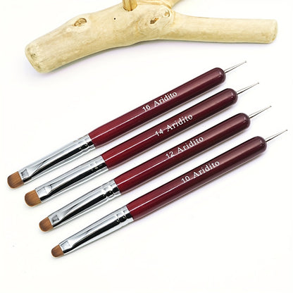 Nail Art Brushes Set 4pcs Acrylic French Manicure Brushes & Dotting Pens - Red Wood Handle Precision Tips #10 #12 #14 #16 for Nail Art Cuticle Care Home Salon