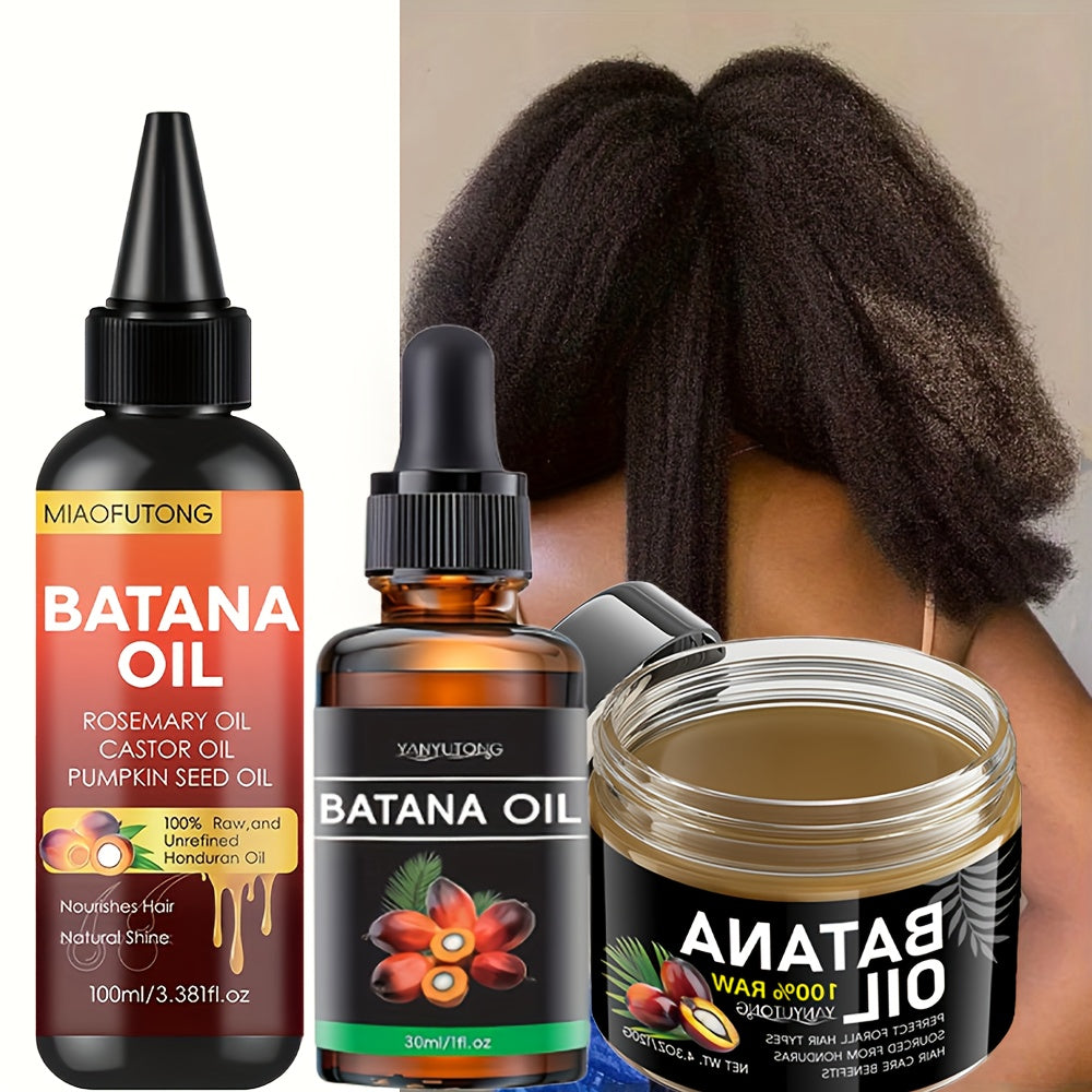 3pcs Honduras Batana Hair Cream + Batana Hair Oil + Batana Essential Oil, Pure Cold Pressed Extract Moisturizes Scalp And Hair, Strong, Anti-break And Split, Suitable for All Hair Textures, Adding Luster, A Must-have Hair Care Set for All Seasons, Split E