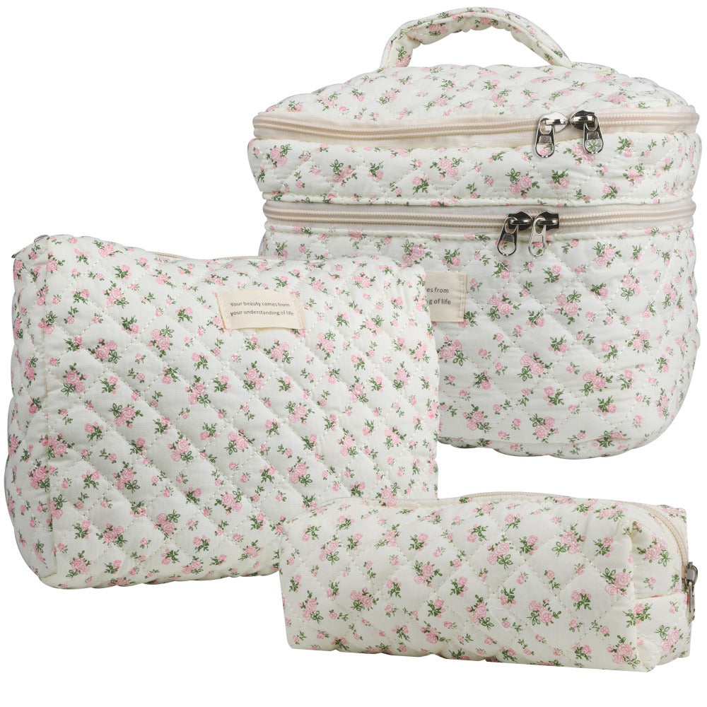 Large Capacity Dual Layer Cotton Makeup Cosmetic Bag (3PCS), Cute Quilted Travel Coquette Aesthetic Floral Make up Bag for Women Toiletry Bag (Blue Rose)