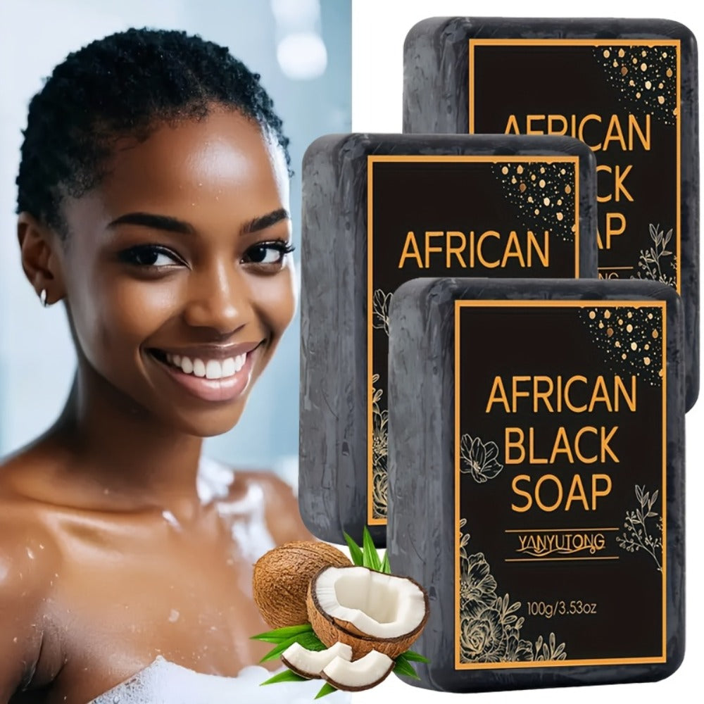 3pcs Of 100g African Black Soap with Shea Butter - Moisturizing, Deep Cleansing, Radiant, Alcohol Free, Infused with Coconut Oil, Suitable for All Skin Types, Suitable for Face And Body