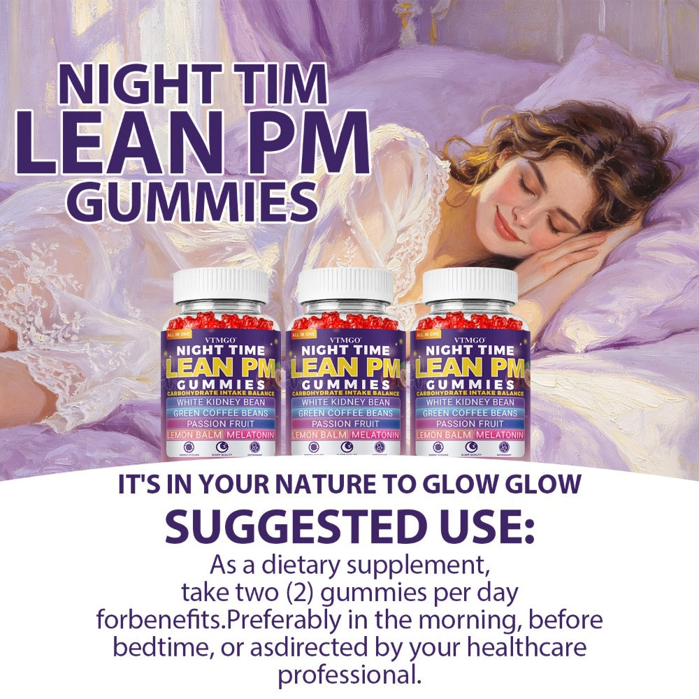 NIGHT TIME LEAN PM GUMMIES: White Kidney Beans, Green Coffee, Lemon Balm, Melatonin, Passionflower - Nature's Source Of Quiet Balance. Night Quietly Becomes The Starting Point for Health, Balance And Change.(60).(1/4/5 Bottles).Family & Holiday Gifts
