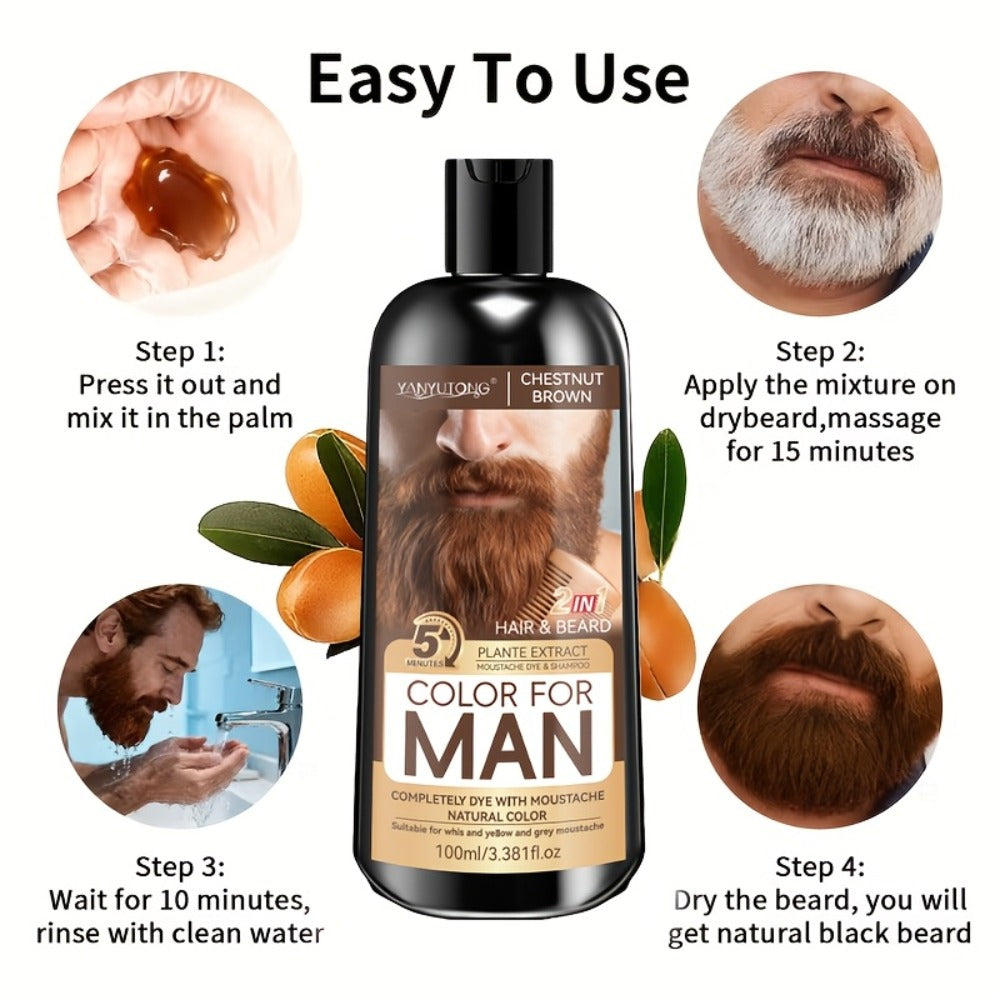Men's Beard & Hair Dye Shampoo — 2-in-1 Semi-Permanent Color, Natural Ingredients, Covers Gray Fast, Sulfate-Free, Black Brown Chestnut Brown, for Beard & Sideburns