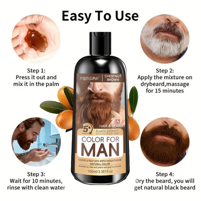 Men's Beard & Hair Dye Shampoo — 2-in-1 Semi-Permanent Color, Natural Ingredients, Covers Gray Fast, Sulfate-Free, Black Brown Chestnut Brown, for Beard & Sideburns