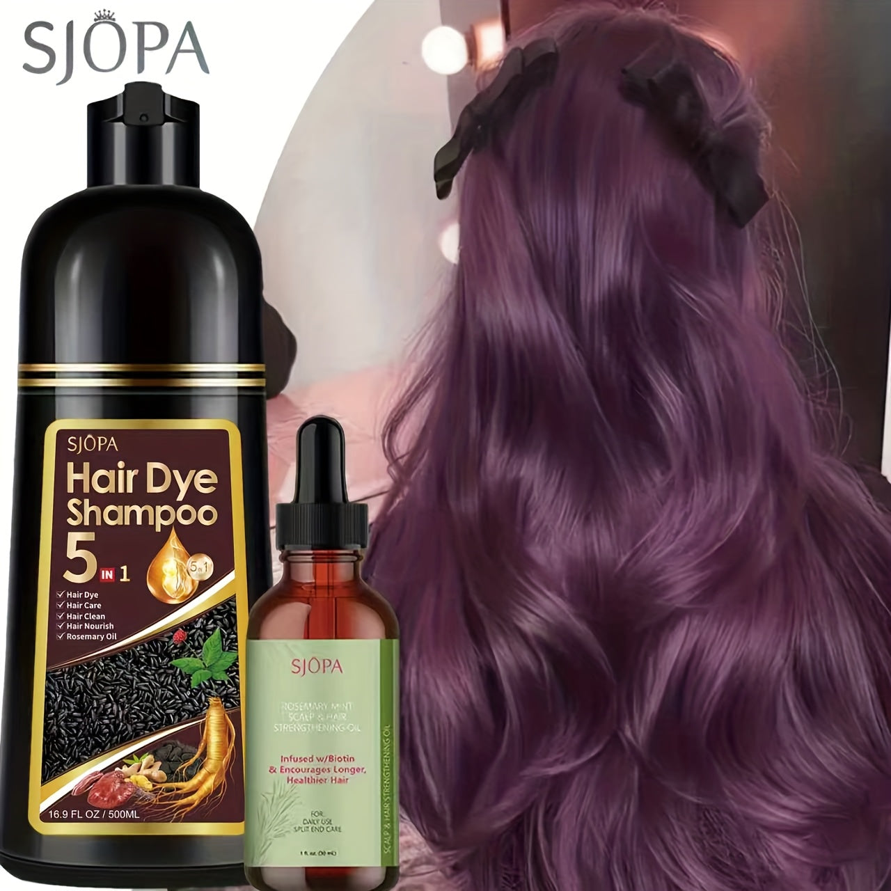 Hair Coloring Shampoo 5-in-1 Herbal Formula with Rosemary Oil - 100% Gray Hair Coverage Long Lasting Moisturizing Unisex Color Shampoo Set Black Brown Purple Red White Multi Color 500ml