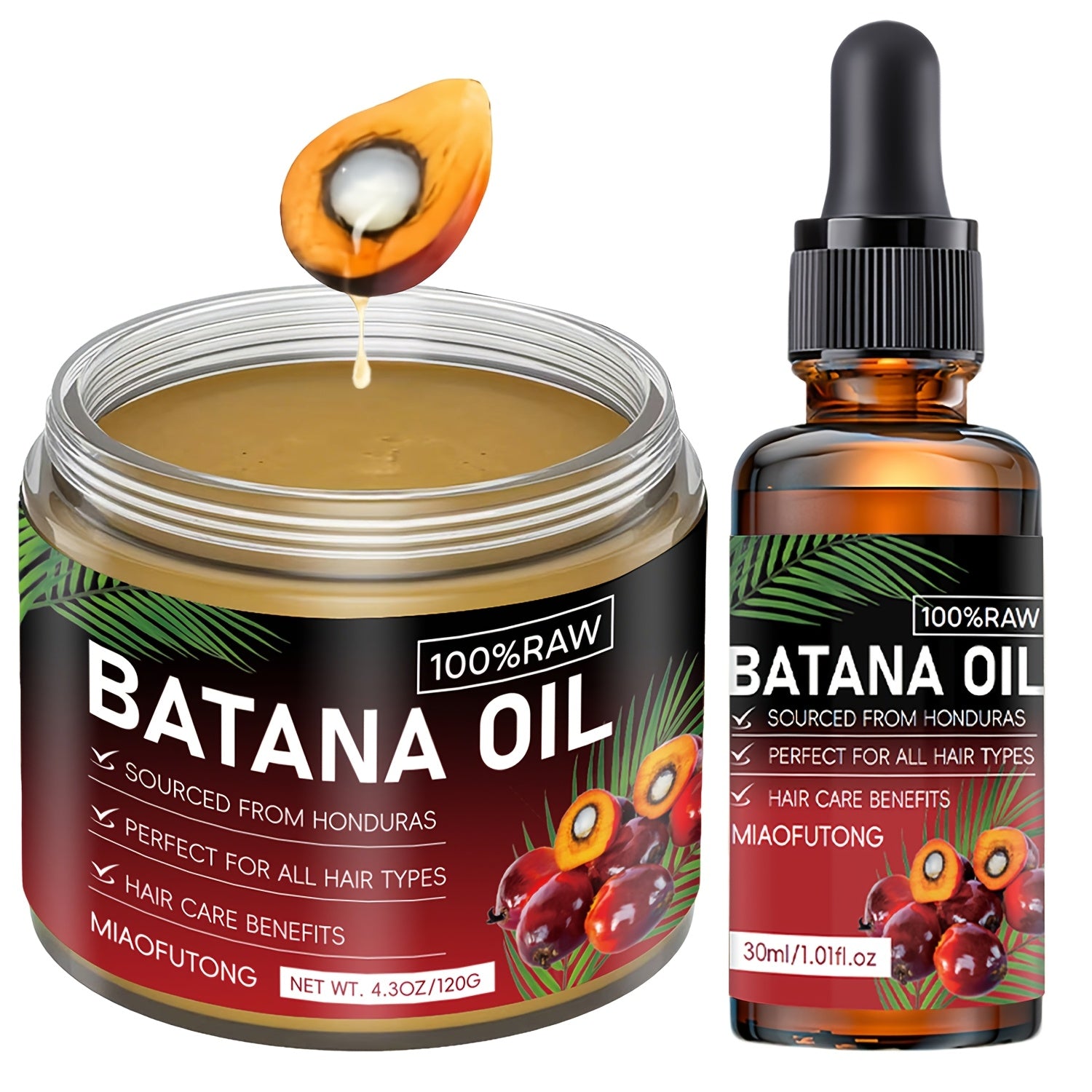 2pcs Natural Honduran Batana Hair Oil + Batana Essential Oil, Nourishes The Scalp And Hair, Increases Hair Shine, Strengthens Hair, Prevents Breakage And Split Ends, Suitable for Dry And Damaged Hair, Makes Hair Healthier, Fresher And Stronger, Scalp