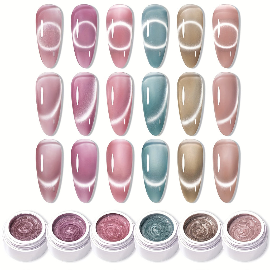 MORDDA 6 Colors Magnetic Cat'S Eye Gel Polish - Shimmering Reflective Semi-Permanent Nail Polish With/Led, Soak-Off And Magnetic Swirl Design for Salon And Use, Alcohol-Free, Magnetic Nail Polish, Nail Art, Durable Manicure