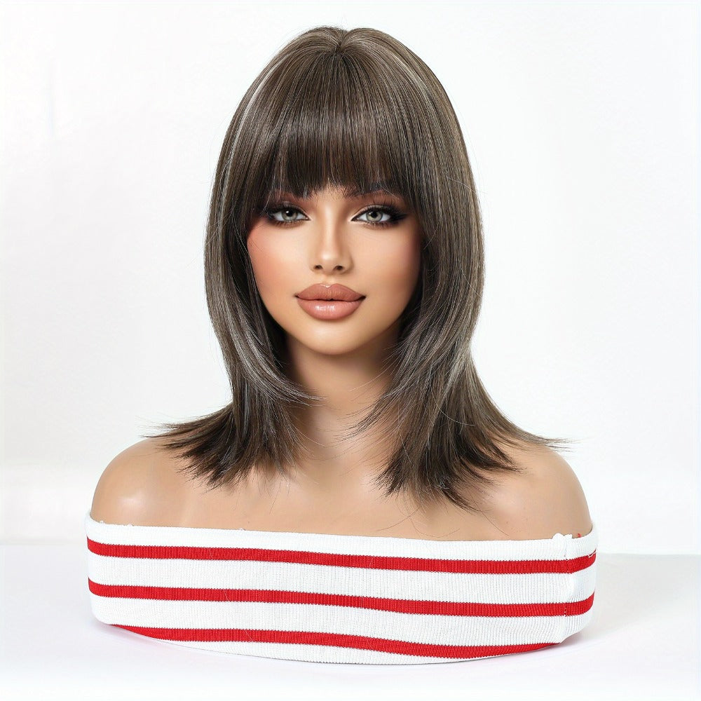 14 Inch Women'S Elegant Gradient Brown Dye Ticked Qi Liu Hair Layered Hair Chemical Fiber Wig, Rose Hairnet High Temperature, Suitable for Various Occasions