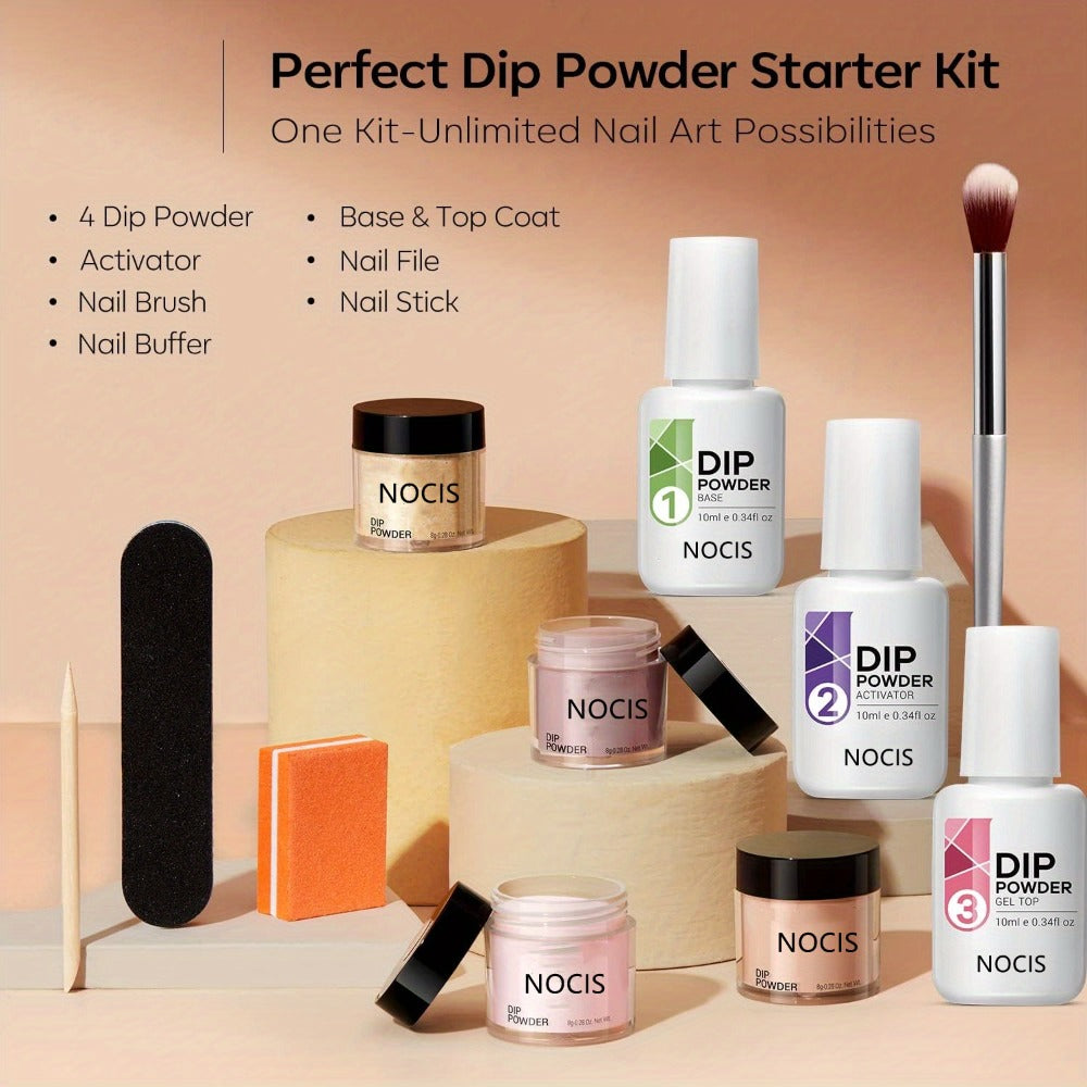 11pcs/Set Dip Powder Nail Kit Starter 4 Colors Nude Skin Tones Golden Glitter Neutral Acrylic Dipping Powder Liquid Set with Base Coat&Top Coat Activator for French Nail Art Manicure Salon Gift Set