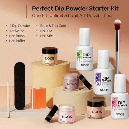 Dip Powder Nail Kit 11pcs Starter Set - 4 Colors Nude Skin Tones Golden Glitter Acrylic Dipping Powder with Base Coat Top Coat Activator French Nail Art Manicure Gift Set