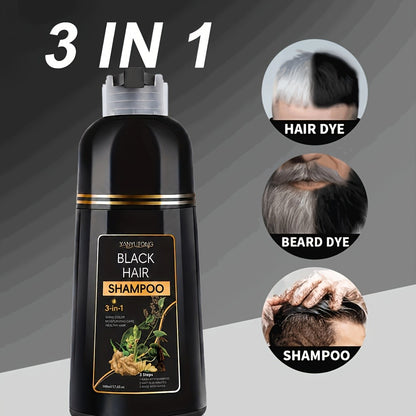 Gray Hair Coverage Shampoo 3-in-1 — Black Hair Dye with Herbal Plant-Based Formula, Moisturizing & Nourishing, Fast Color Results for Men & Women, 500ml (16.91oz)