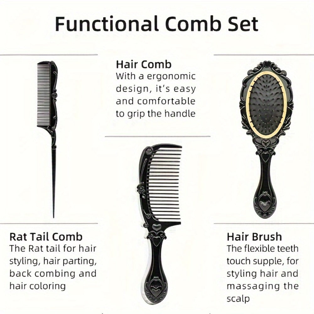 Black Mirror Comb Set, Scalp Massage Hairbrush with Mirror, Retro Hair Comb, Makeup Hair Comb