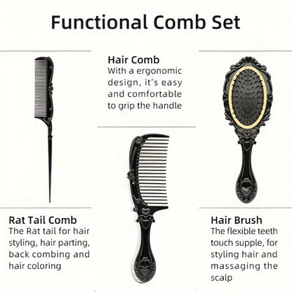 Hair Comb Set with Mirror Scalp Massage Hairbrush Retro Pocket Mirror Comb Makeup Vanity Brush Set for Women Girls Travel Daily Grooming Black