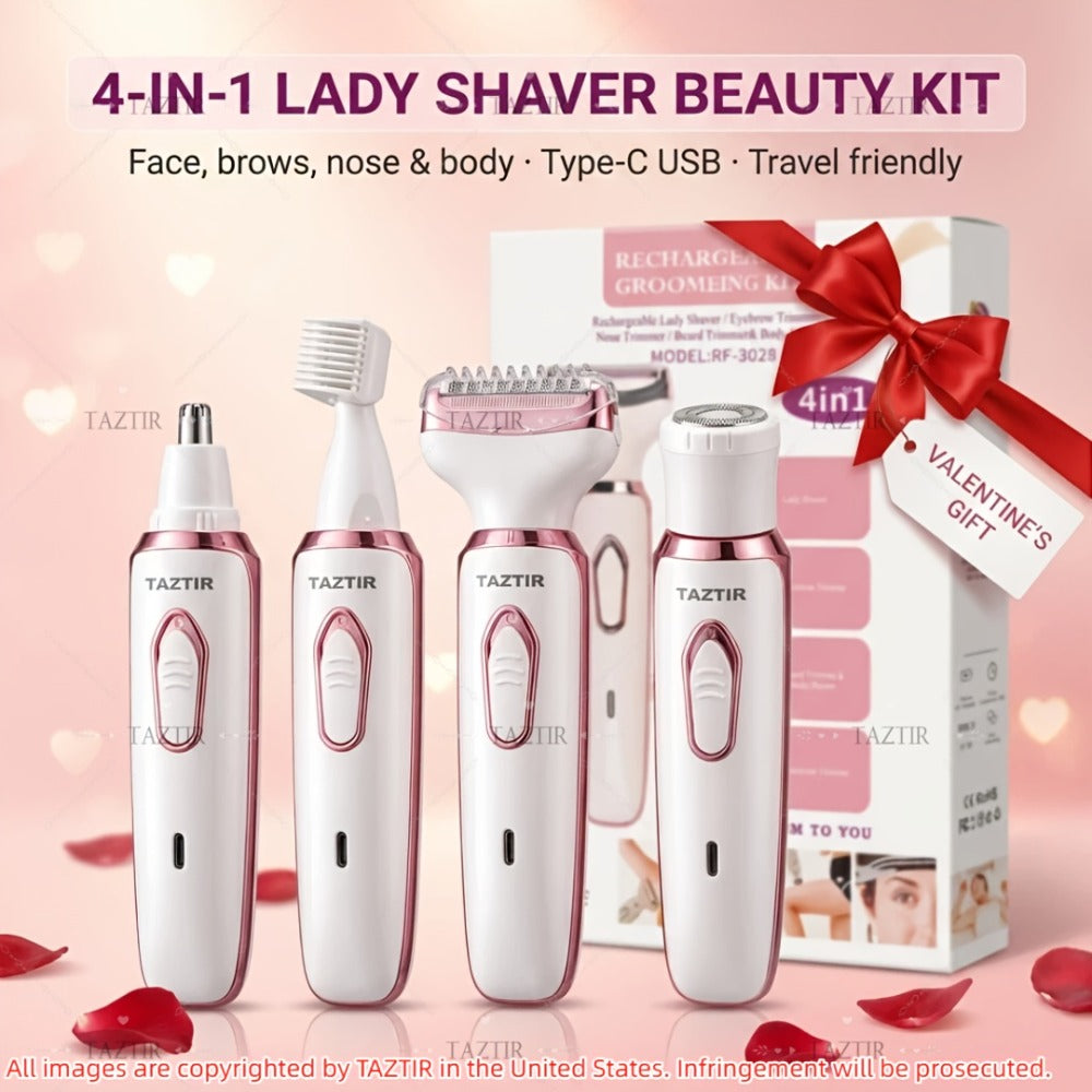 [4-in-1 Painless Razor for Women] 4-in-1 Rechargeable Electric Razor for Women - Face, Nose, Legs, Underarm, Bikini Trimmer - Wet & Dry, Painless Grooming Kit - Portable & Rechargeable