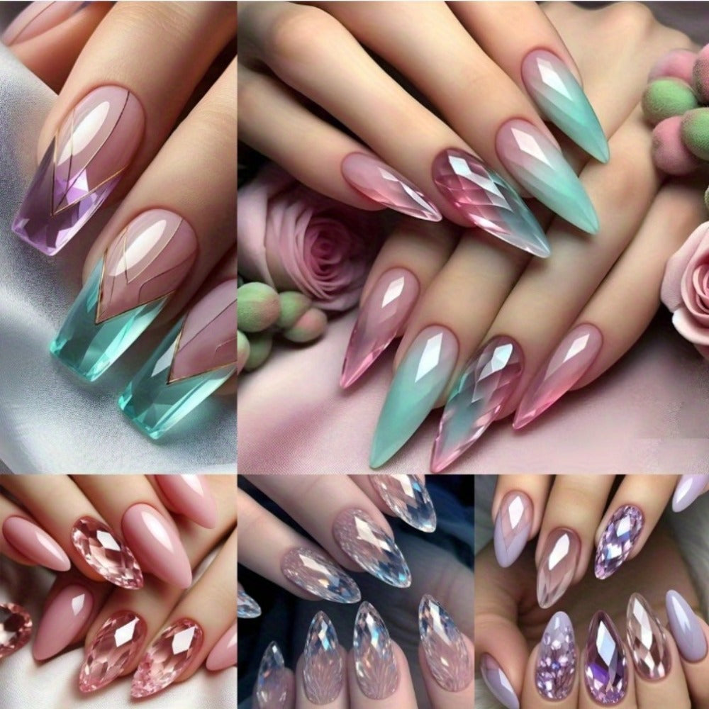 Press On Nails 120 Pieces 5 Packs - Medium Almond Fake Nails Gradient Holographic | Mixed Color Orange Tones Full Cover False Nails Kit with Jelly Glue & Nail File for Women Girls