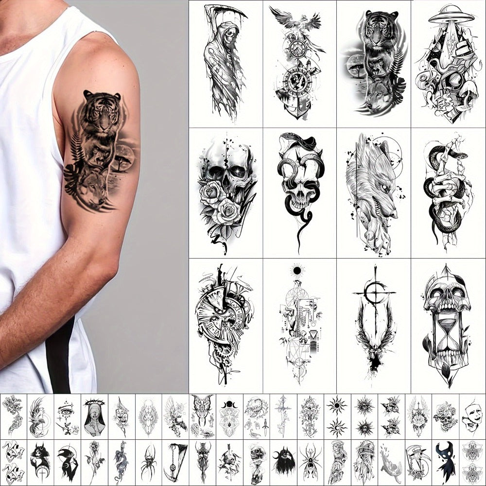 GLARYYEARS Temporary Tattoo for Men, 48pcs 12 Large 36 Small Fake Tattoos, Long-lasting Realistic Tattoo Stickers, Cool Skull Snake Death Designs for Adults Women, Black Body Half Arm Tattoos
