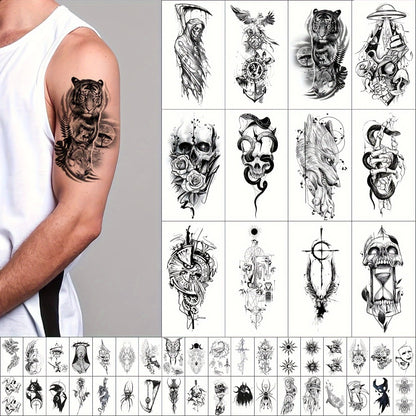 Temporary Tattoos for Men Women 48pcs Realistic Fake Tattoo Stickers Skull Snake Black Body Arm Designs Long Lasting Waterproof Non-Toxic GLARYYEARS 12 Large 36 Small