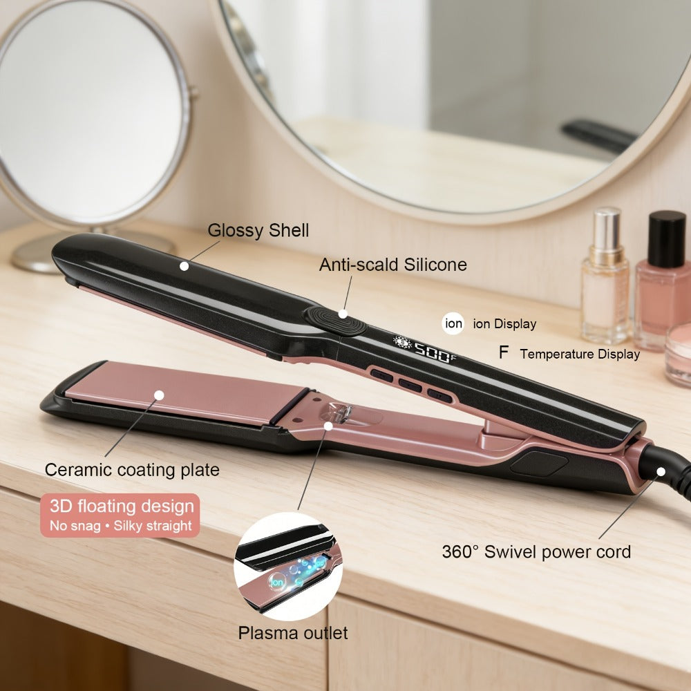 Professional Ceramic Ionic Flat Iron Hair Straightener 2-in-1 Straightener Curler Plasma Anti-Static Dual Voltage LCD Display 260°C 1 Inch & 2 Inch Black