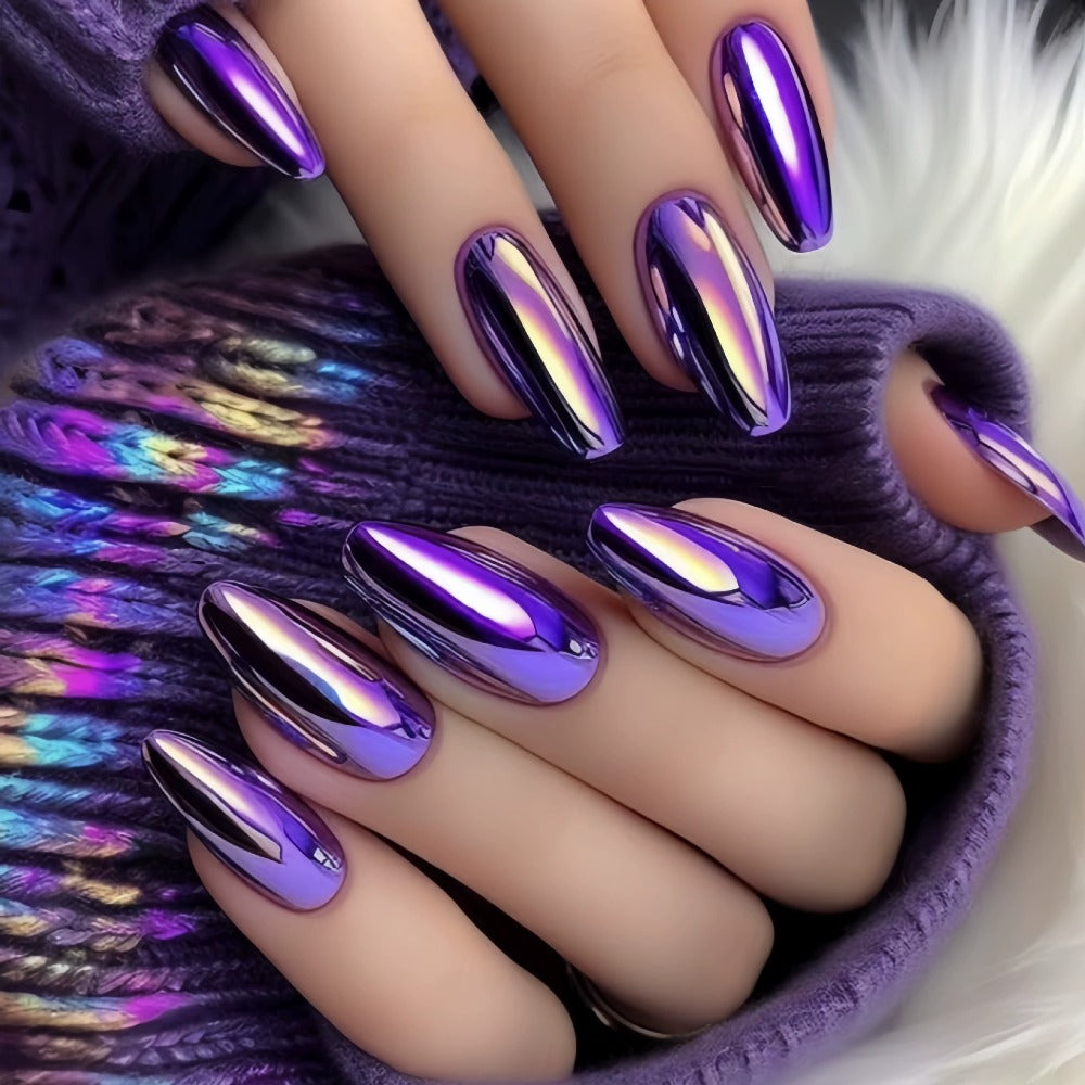 216pcs (9pcs) Solid Color Cool Almond Shaped Nail Pressure Purple, Pink, Silvery, and Golden Gradient Fake Nails, French Style Pointed Fake Nails, Daily and Holiday Nail Full Set Acrylic Nail Glue for And